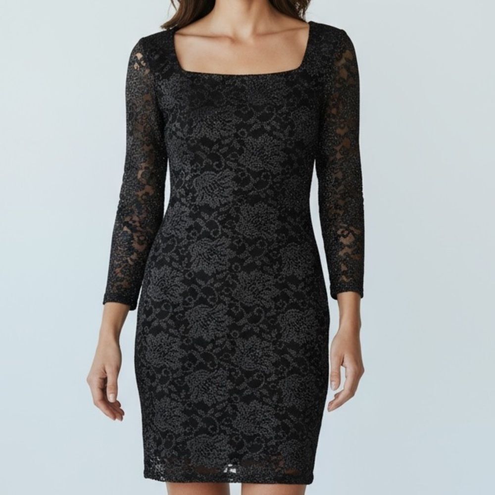 Windsor Women's Shimmering Floral Lace Boat Neck Mini Dress Black Large